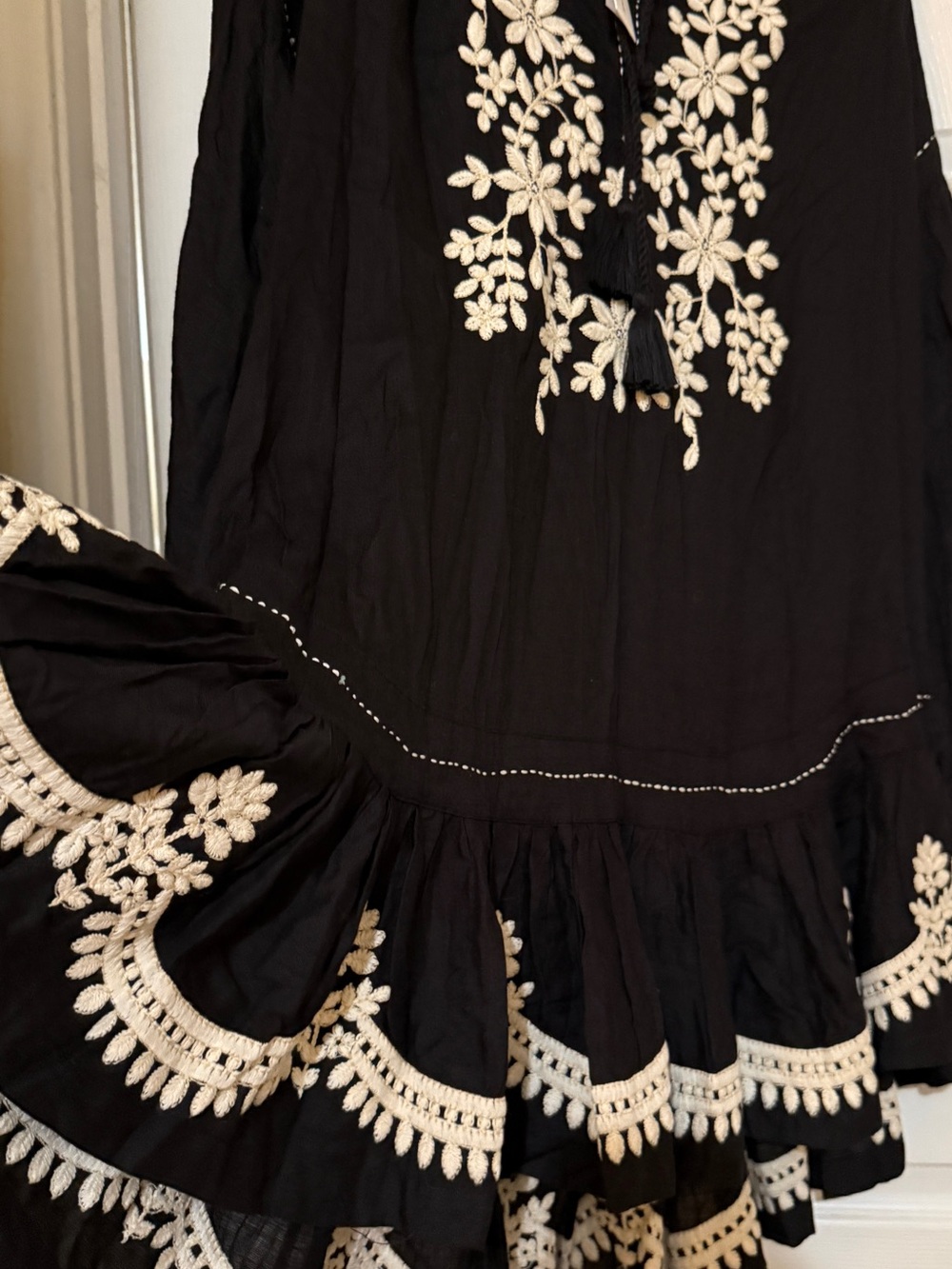 Embroidered Black Midi Dress with Cream Floral Detail